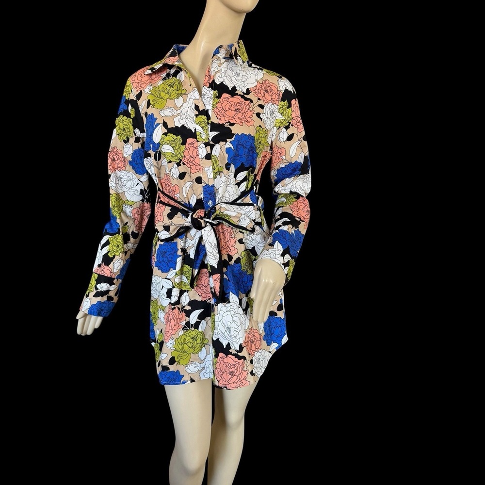 Vibrant Graphic Peony Floral Shirt Dress Large Tunic • Bold Tie Waist Maximalist